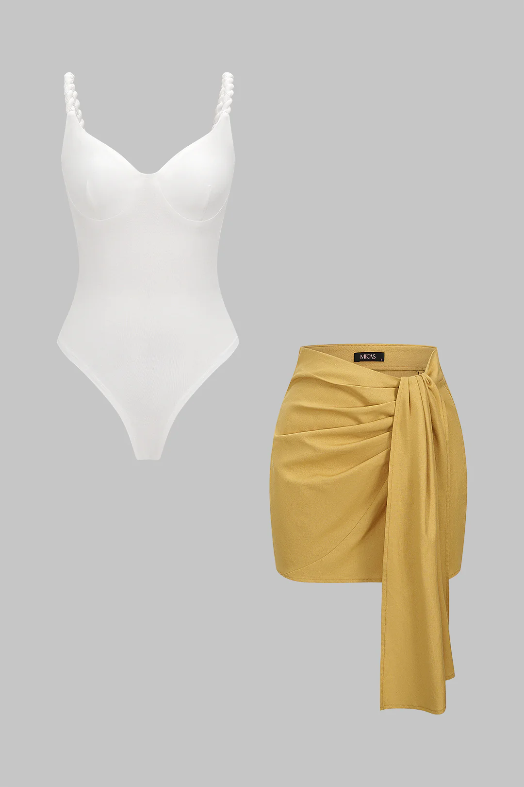 Linen Patchwork Twist Knot Ruched Sleeveless Bodysuit And Asymmetrical Tie-Up Skirt Set - Image 2