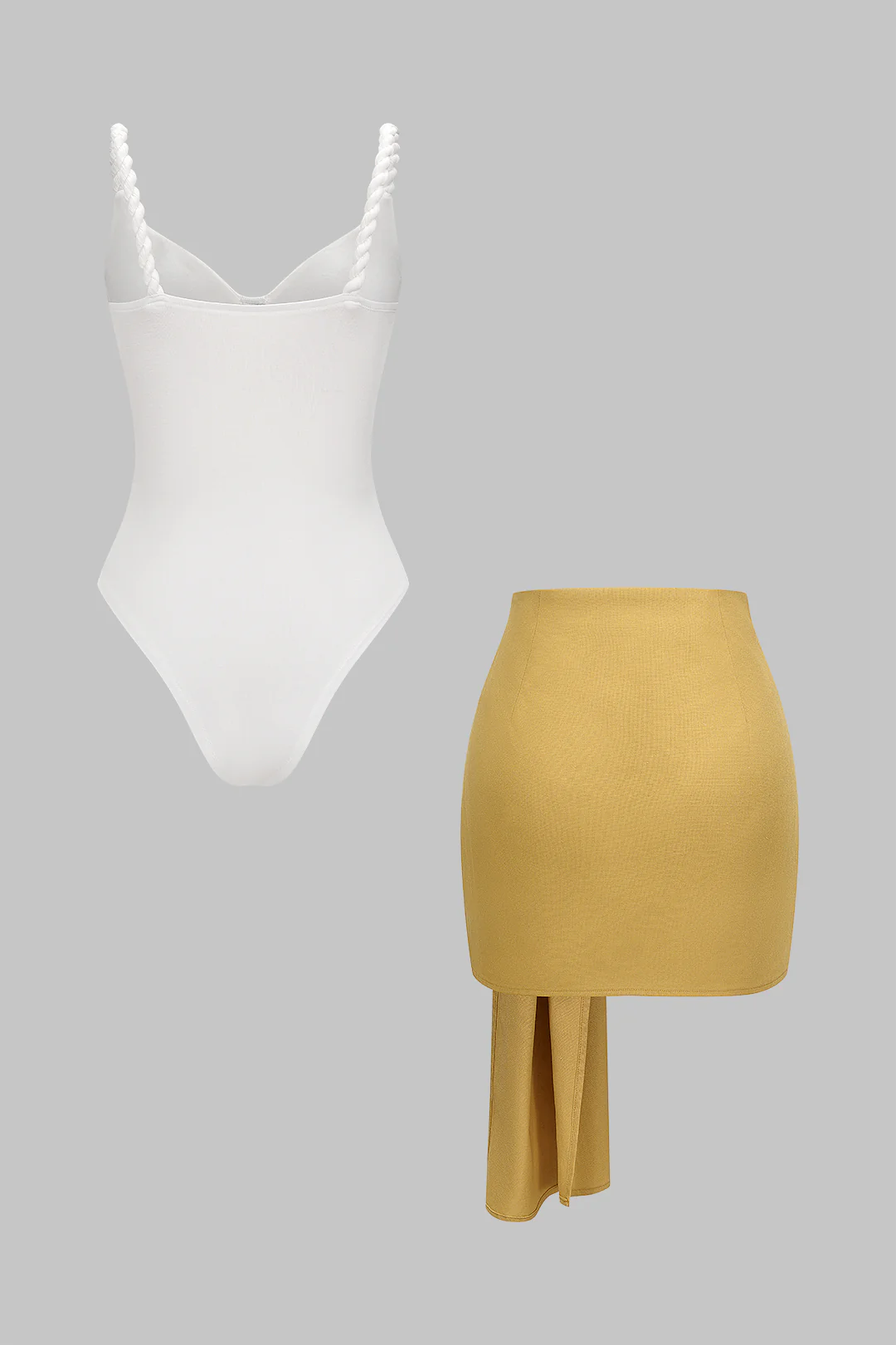 Linen Patchwork Twist Knot Ruched Sleeveless Bodysuit And Asymmetrical Tie-Up Skirt Set - Image 3