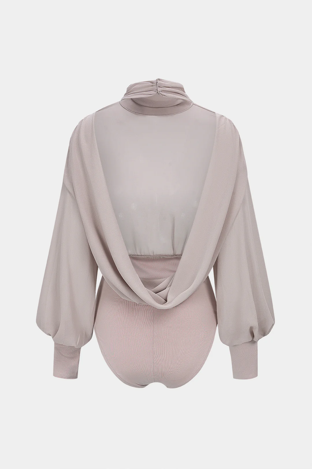 Chiffon Patchwork Mock Neck Backless Long Sleeve Bodysuit - Image 2
