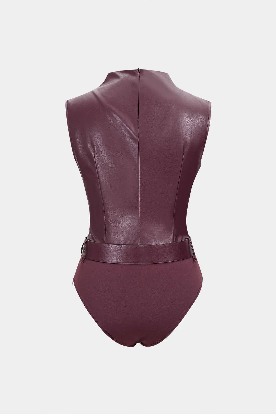 Faux Leather Patchwork Ruched Sleeveless Bodysuit - Image 2