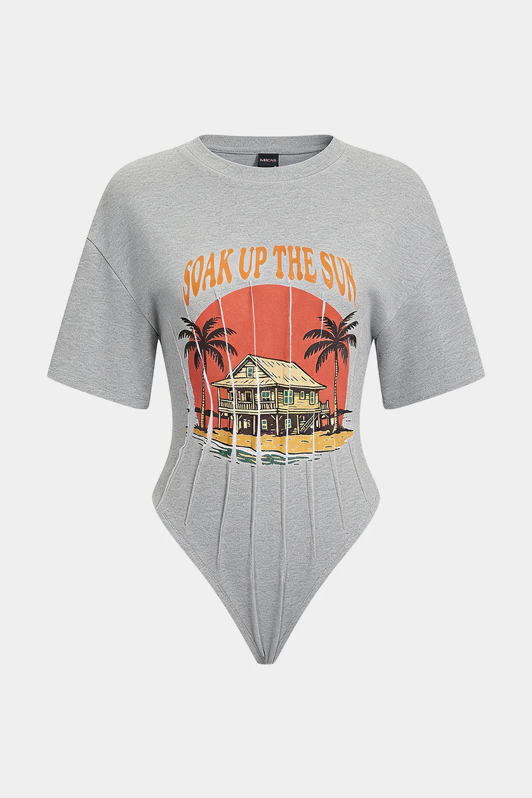 Coconut Palm Letter Print Round Neck Short Sleeve Bodysuit - Image 5