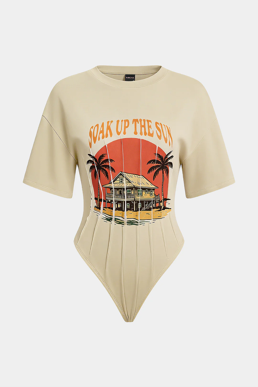 Coconut Palm Letter Print Round Neck Short Sleeve Bodysuit - Image 6
