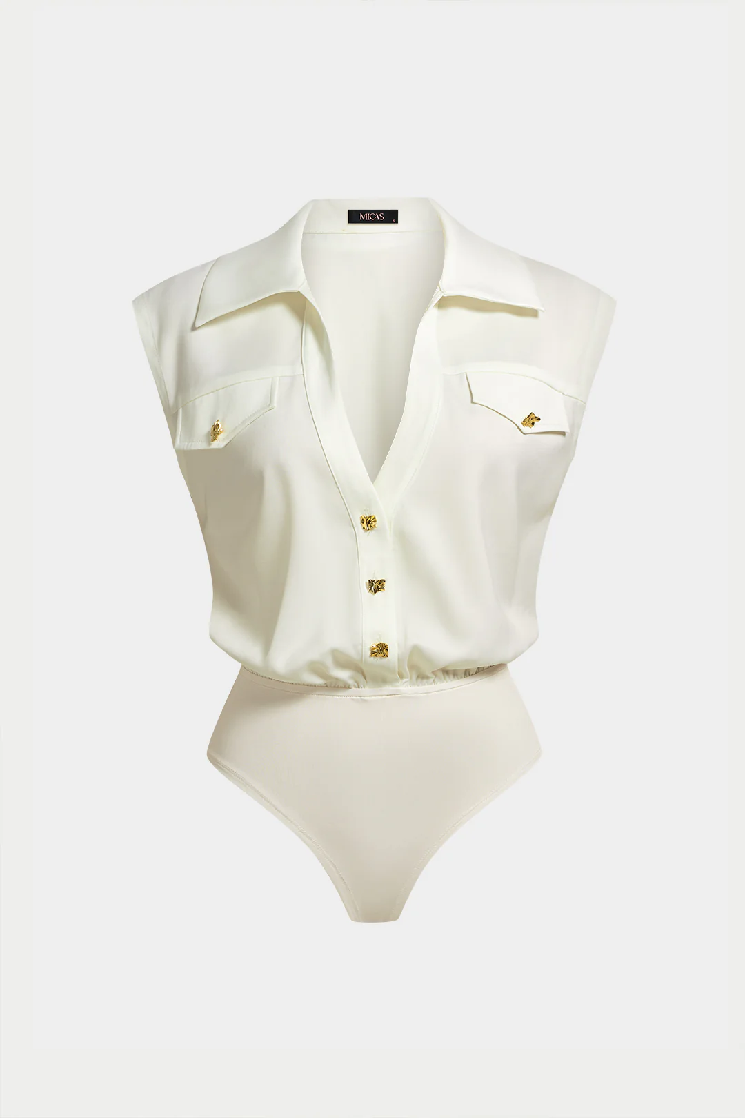 Lapel V-Neck Button Sleeveless Bodysuit