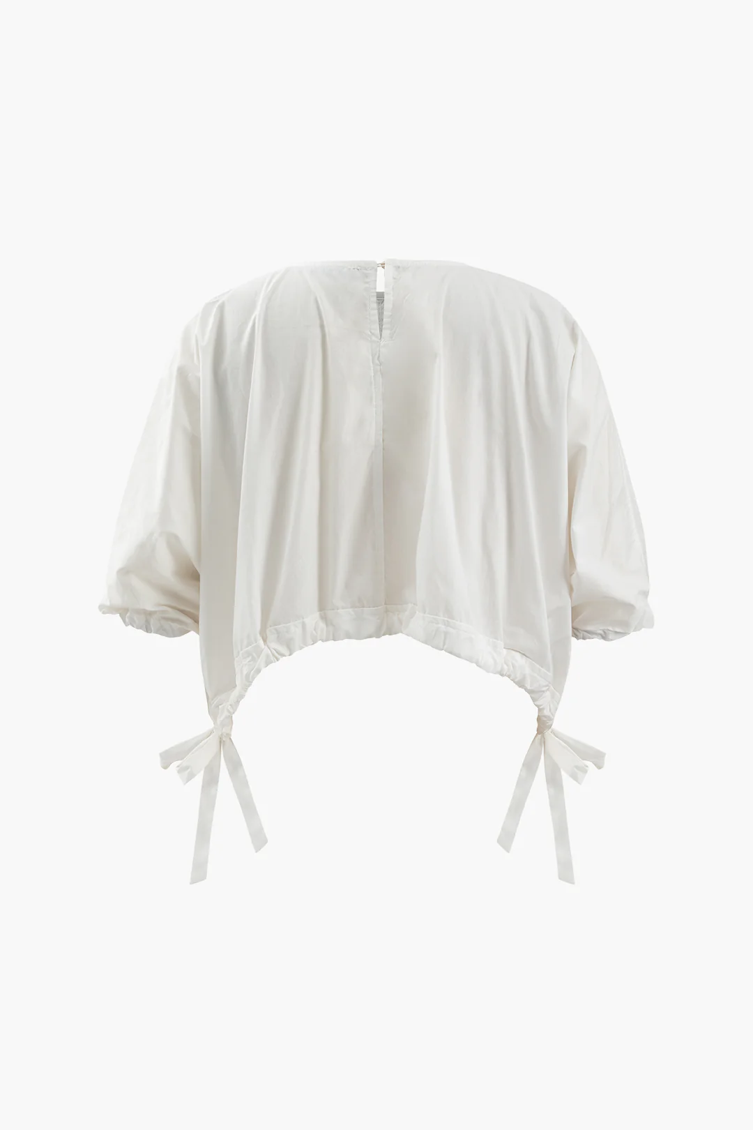 Solid Bow Drawstring Round Neck Short Sleeve T-Shirt - Image 2