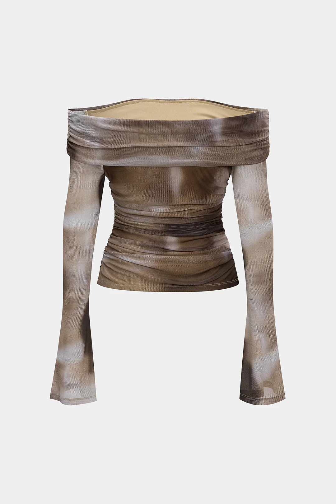 Abstract Tie Dye Ombre Print Mesh Off Shoulder Ruched Bell Sleeve Top - Image 2