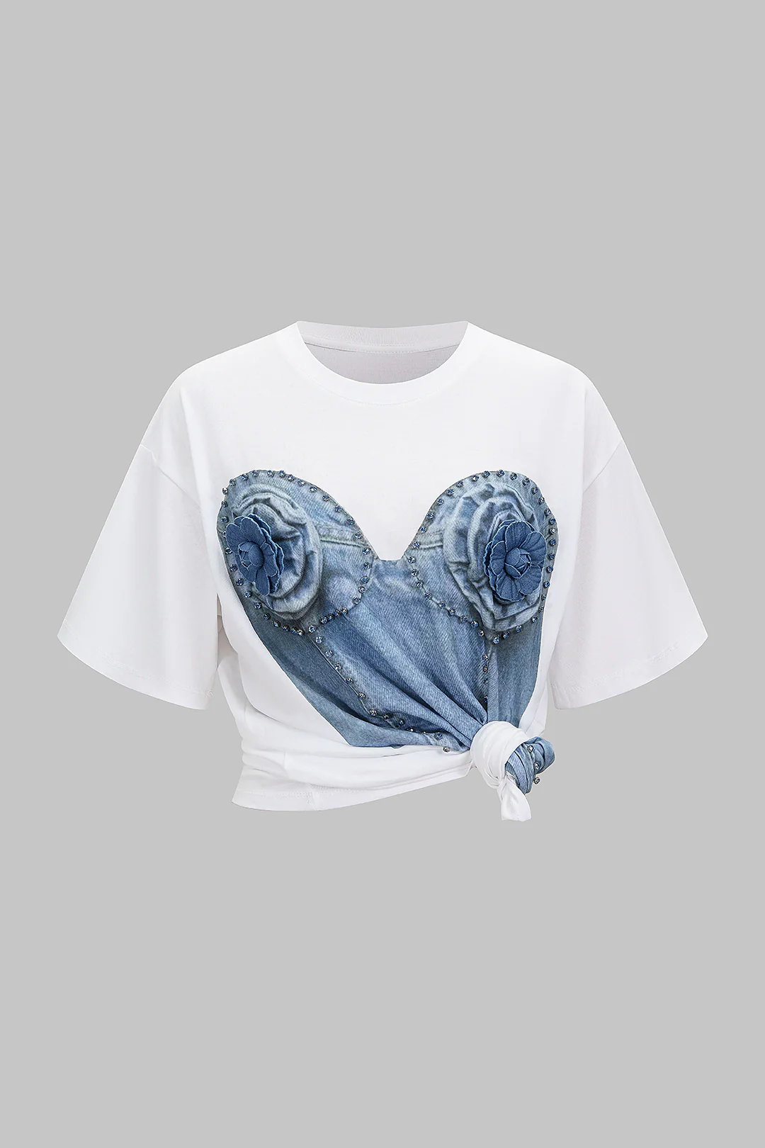 Denim Print 3D Flower Rhinestone Decor Round Neck Short Sleeve T-Shirt - Image 3