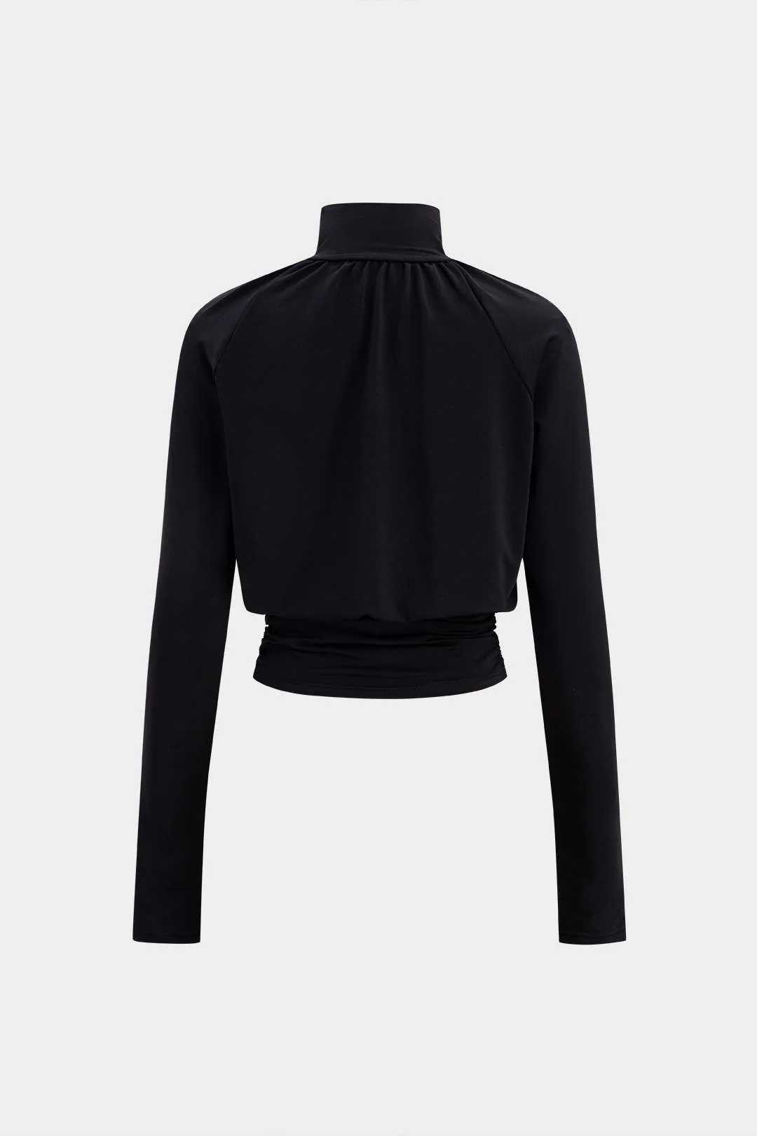 Basic Faux Leather High Collar Wrinkled Long Sleeve T-Shirt - Image 2