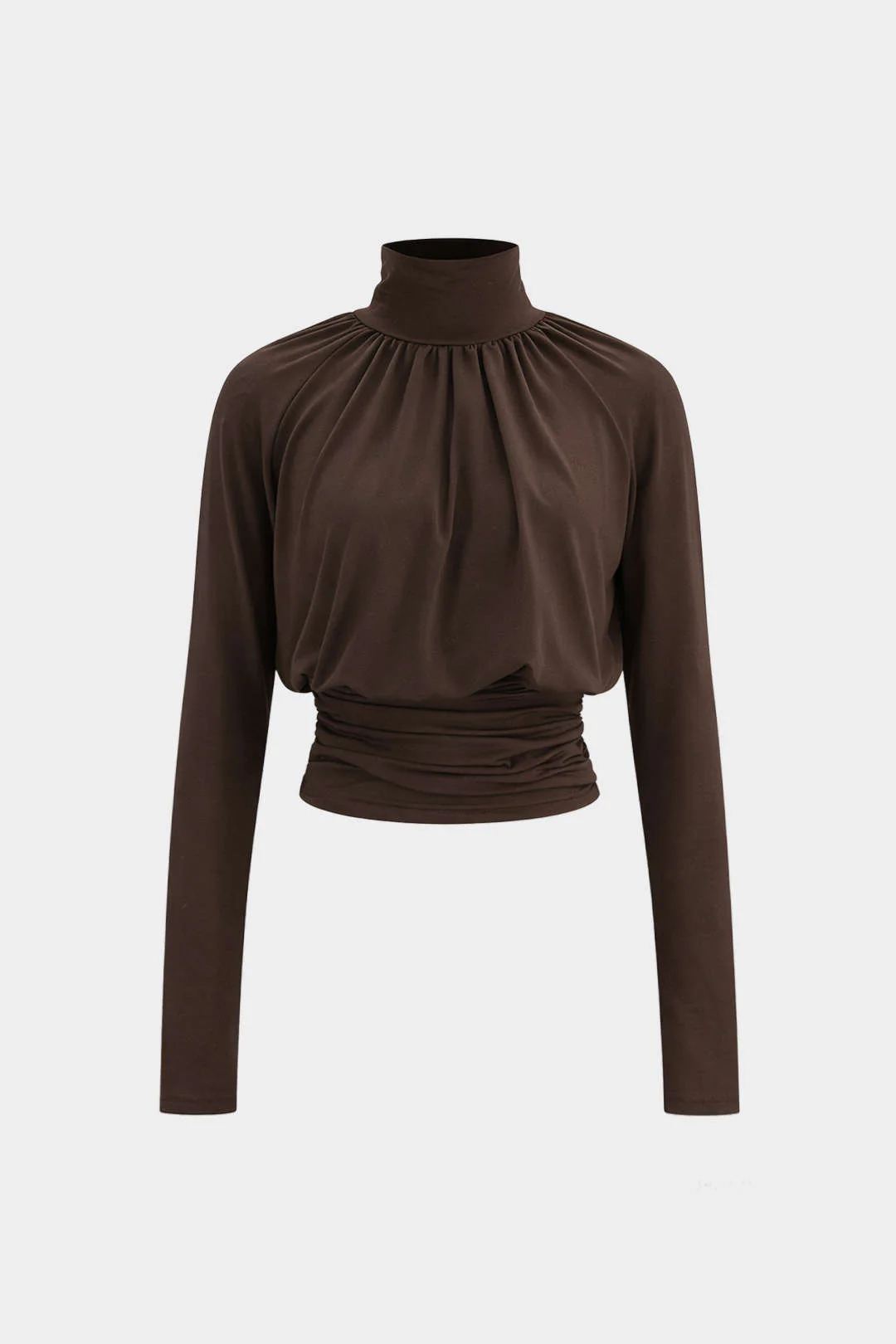 Basic Faux Leather High Collar Wrinkled Long Sleeve T-Shirt - Image 5