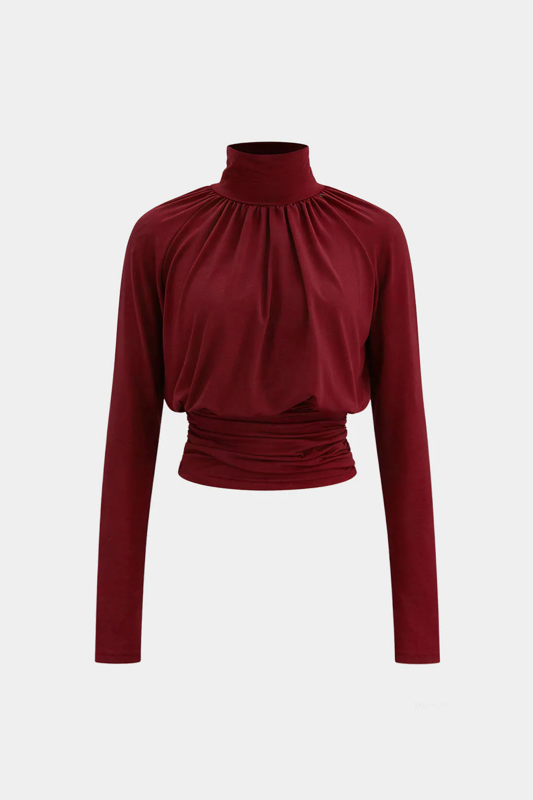 Basic Faux Leather High Collar Wrinkled Long Sleeve T-Shirt - Image 6