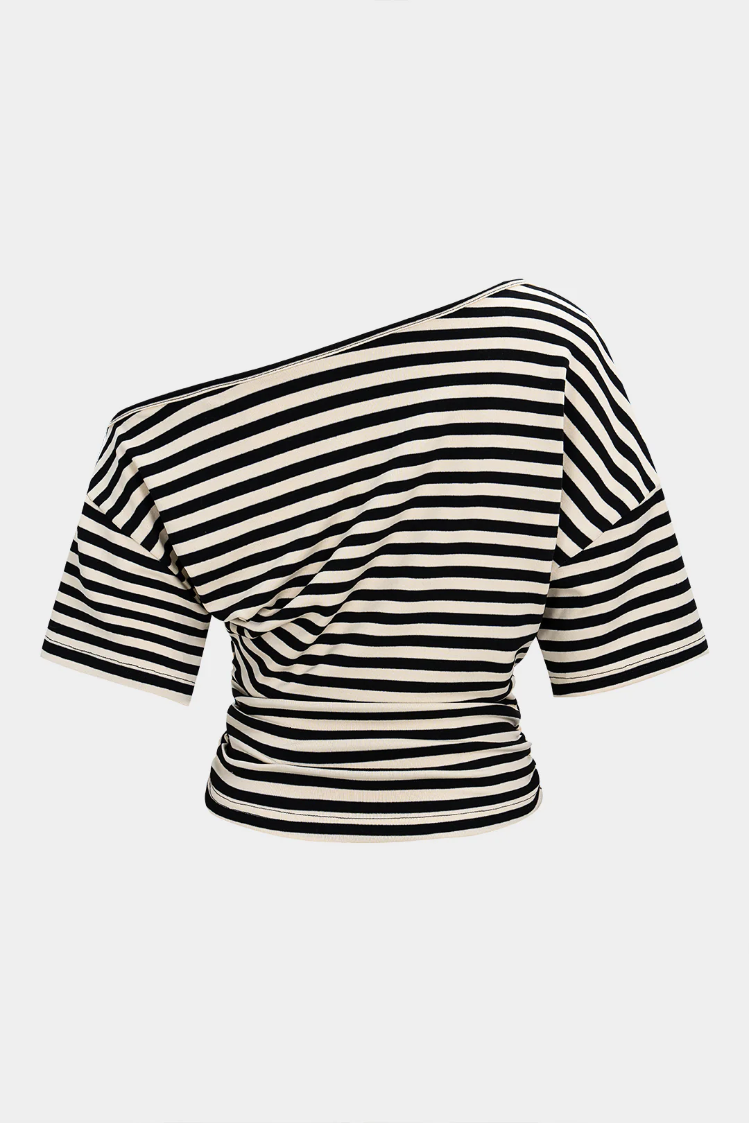 Stripes Print Waist-Cinching One Shoulder Long Sleeve T-Shirt - Image 2