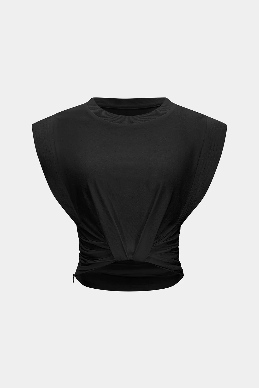 Solid Round Neck Ruched Flutter Sleeve T-Shirt - Image 5