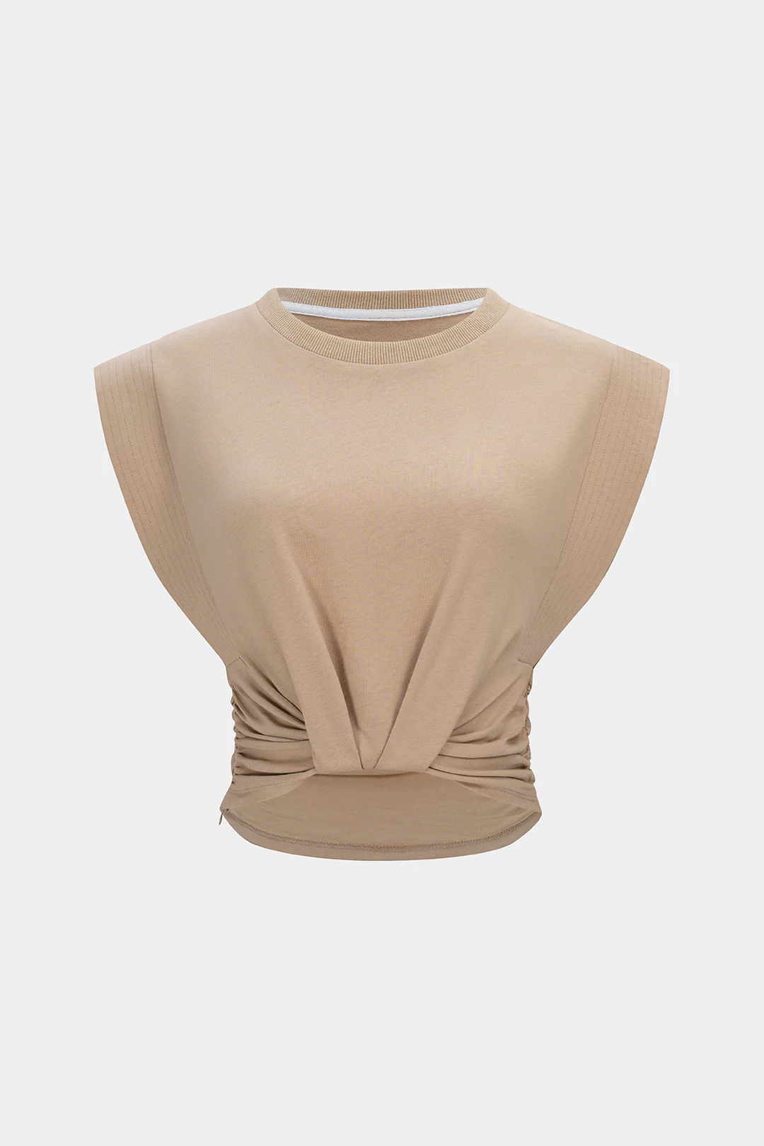 Solid Round Neck Ruched Flutter Sleeve T-Shirt - Image 6