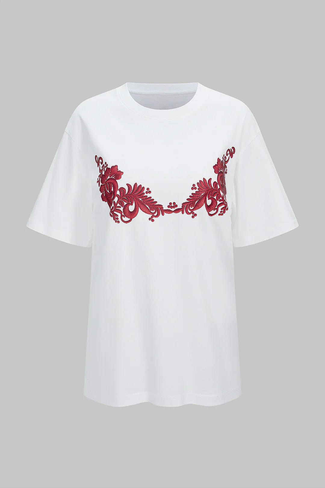 Floral Embroidery Round Neck Short Sleeve T-Shirt - Image 2