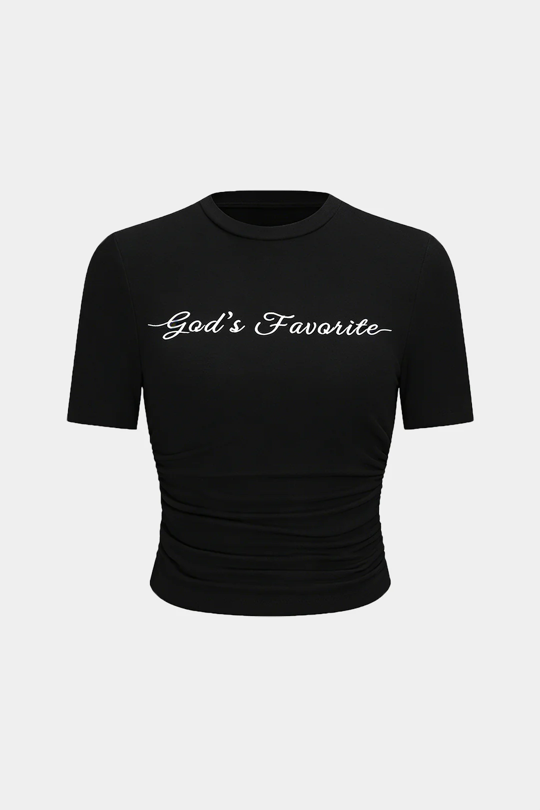Letter Embroidery Round Neck Ruched Short Sleeve T-Shirt - Image 6