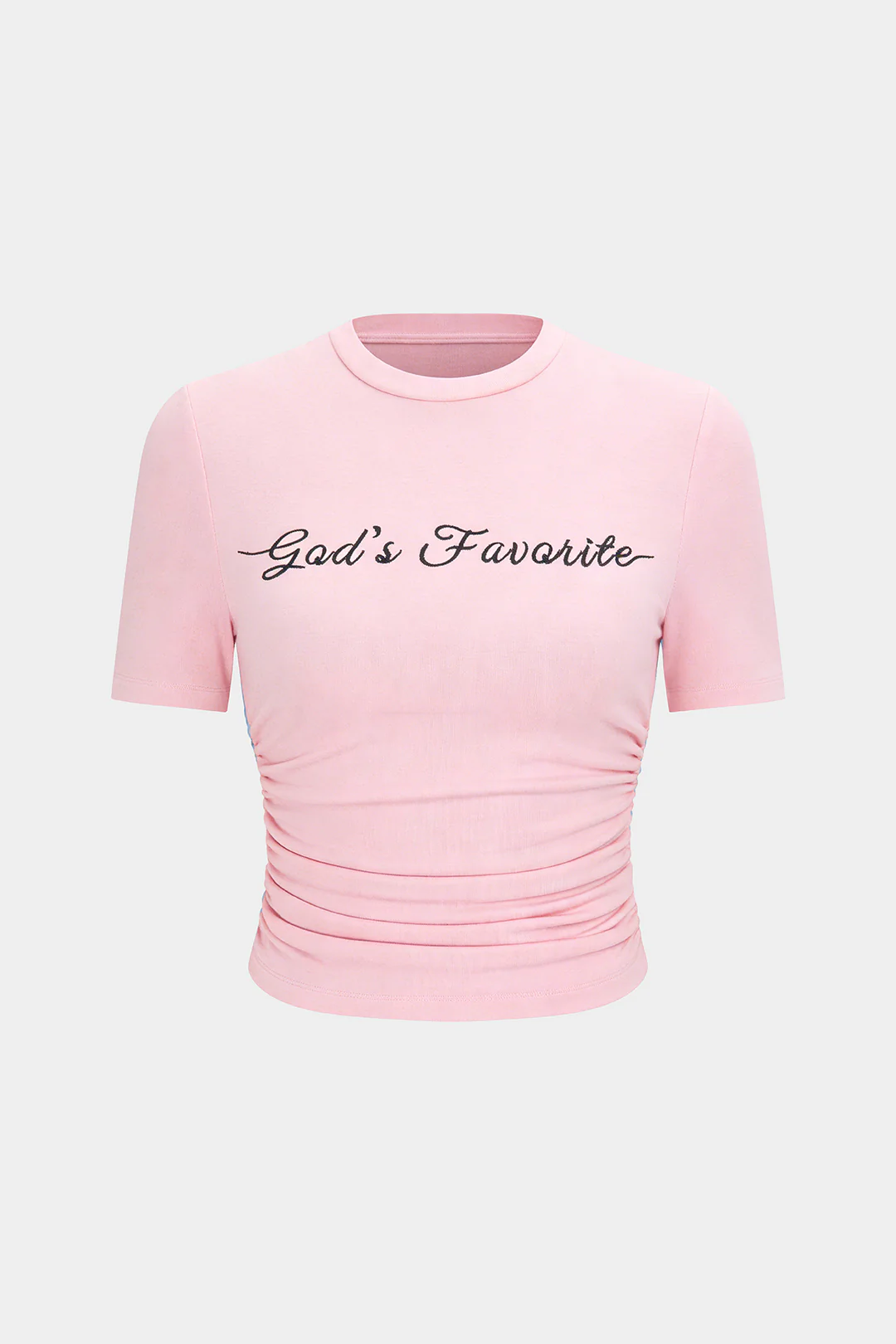 Letter Embroidery Round Neck Ruched Short Sleeve T-Shirt - Image 8