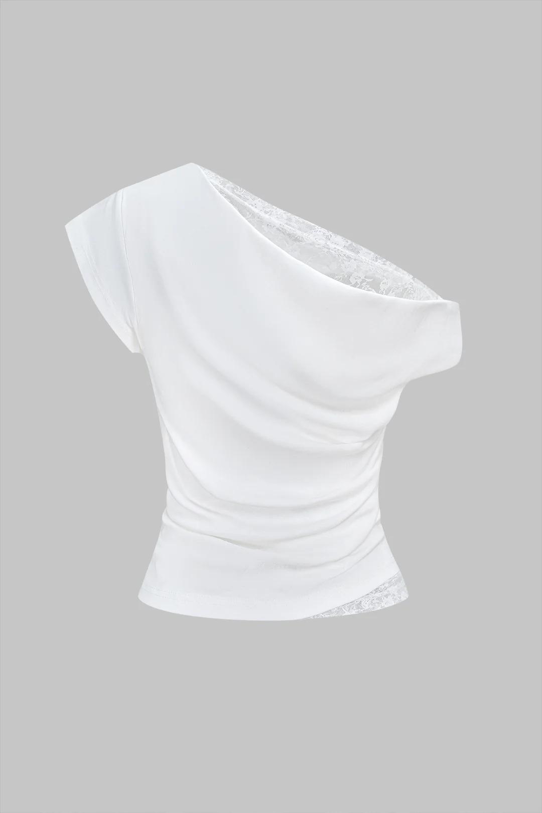 Lace Patchwork One Shoulder Ruched Short Sleeve T-Shirt - Image 2