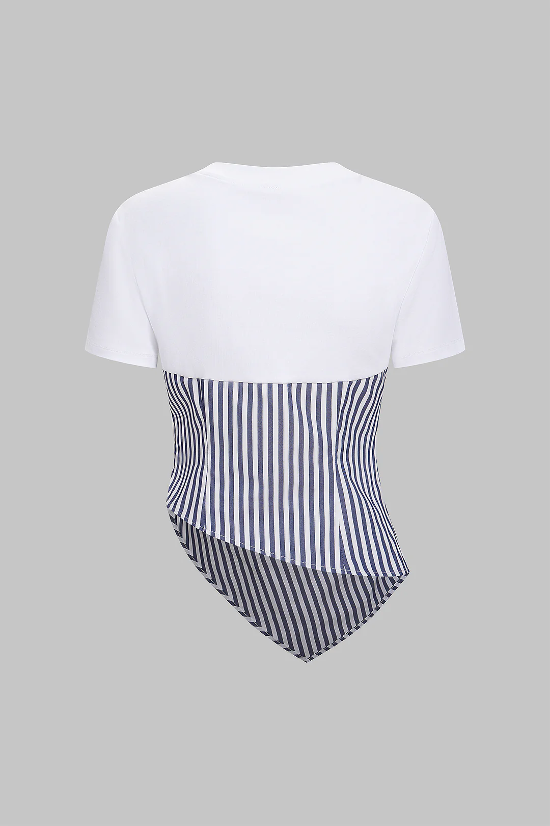 Stripes Print Round Neck Asymmetrical Ruched Short Sleeve T-Shirt - Image 2