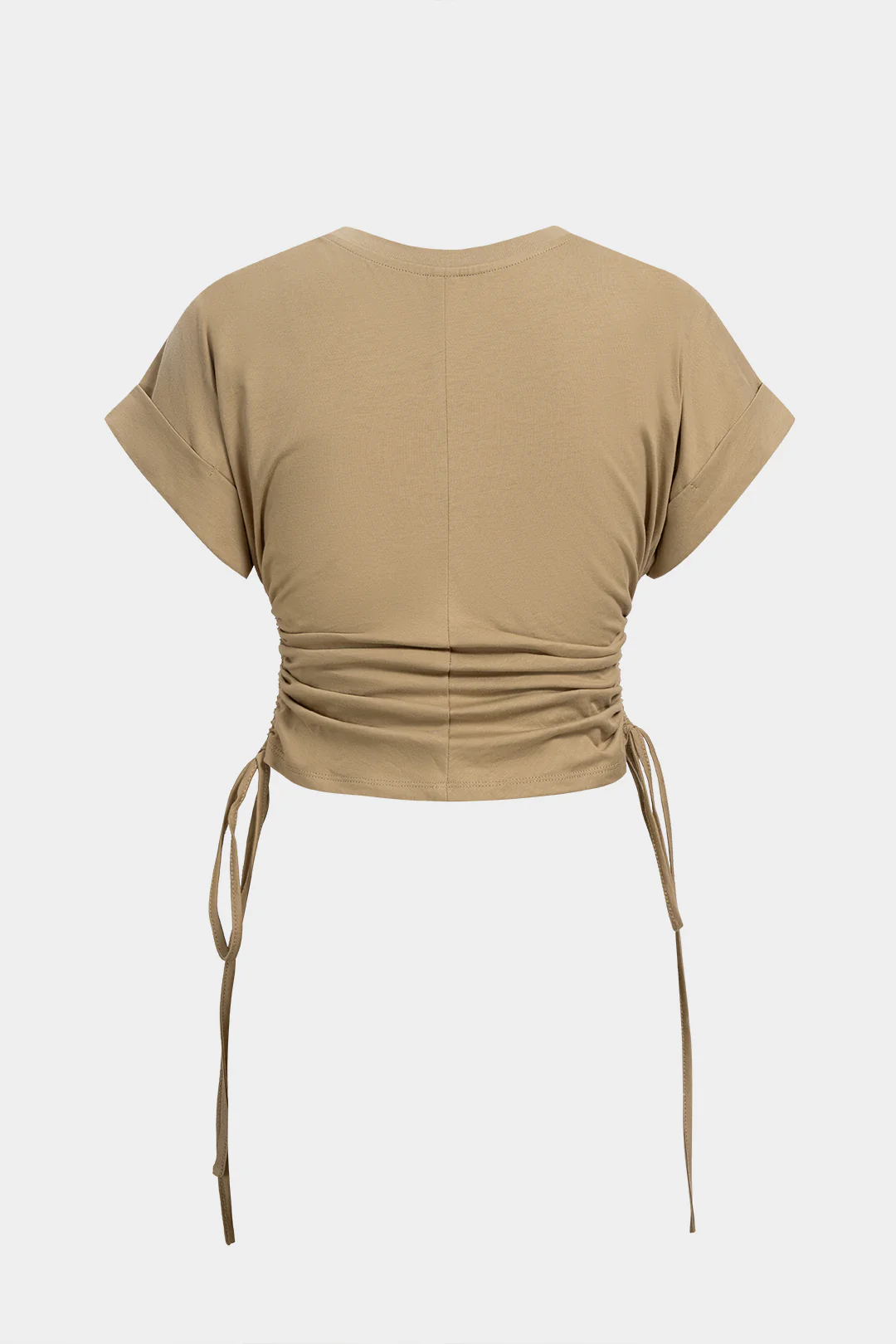 Round Neck Tie-Up Ruched Short Sleeve T-Shirt - Image 2