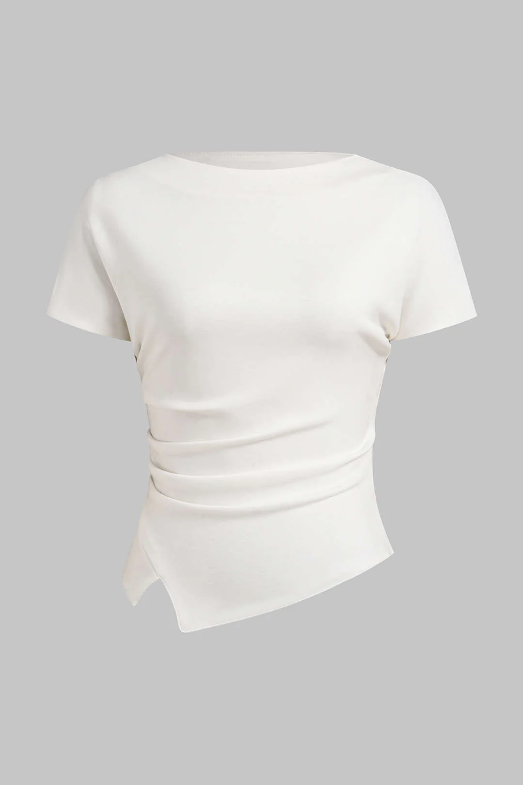 Solid Round Neck Asymmetrical Ruched Short Sleeve T-Shirt - Image 2