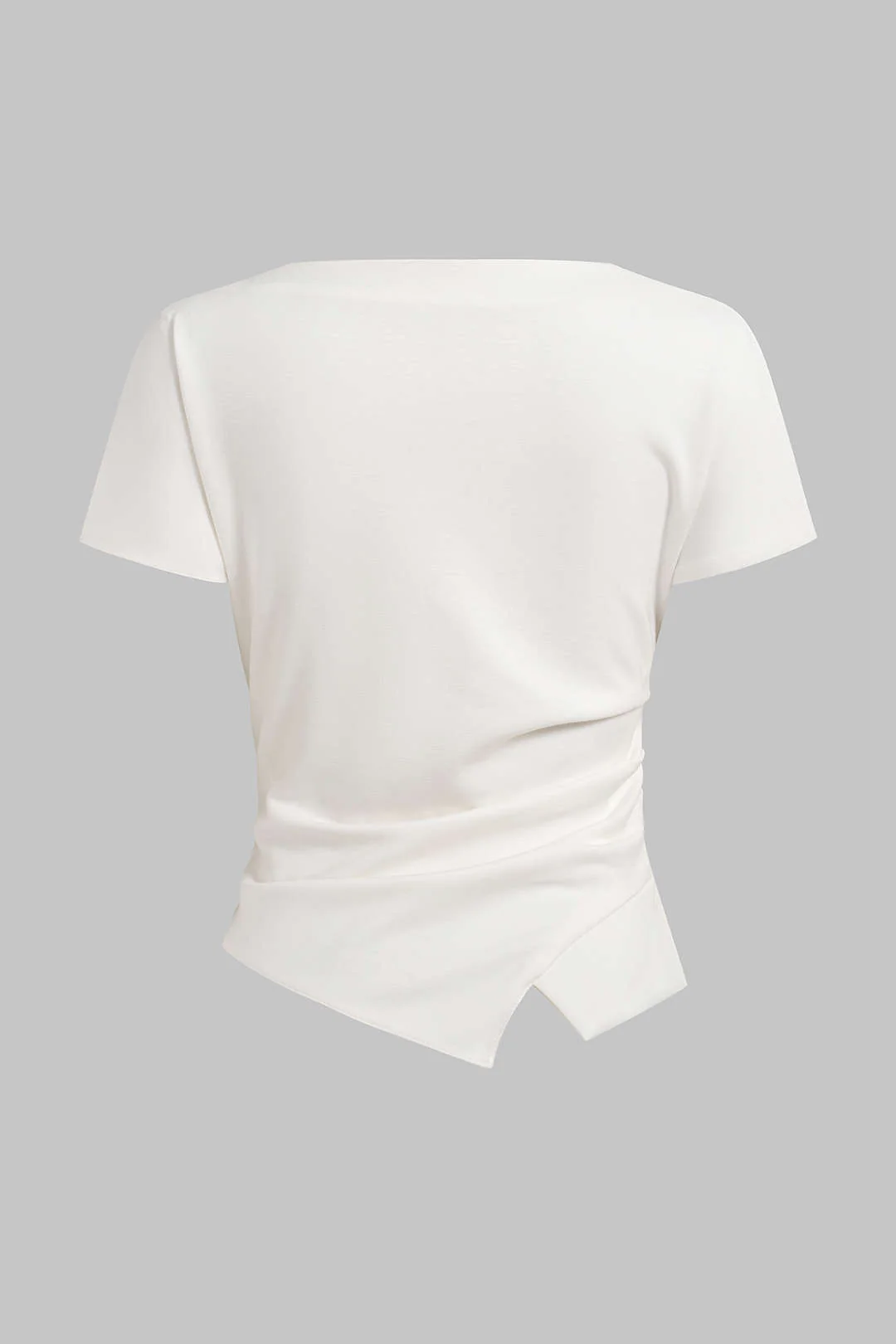 Solid Round Neck Asymmetrical Ruched Short Sleeve T-Shirt - Image 3