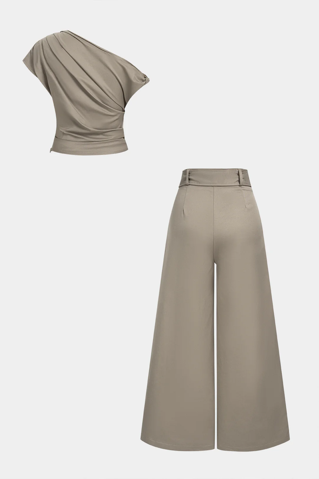 One Shoulder Ruched Twist Knot Tank Top And Belted Wide Leg Pants Set - Image 2