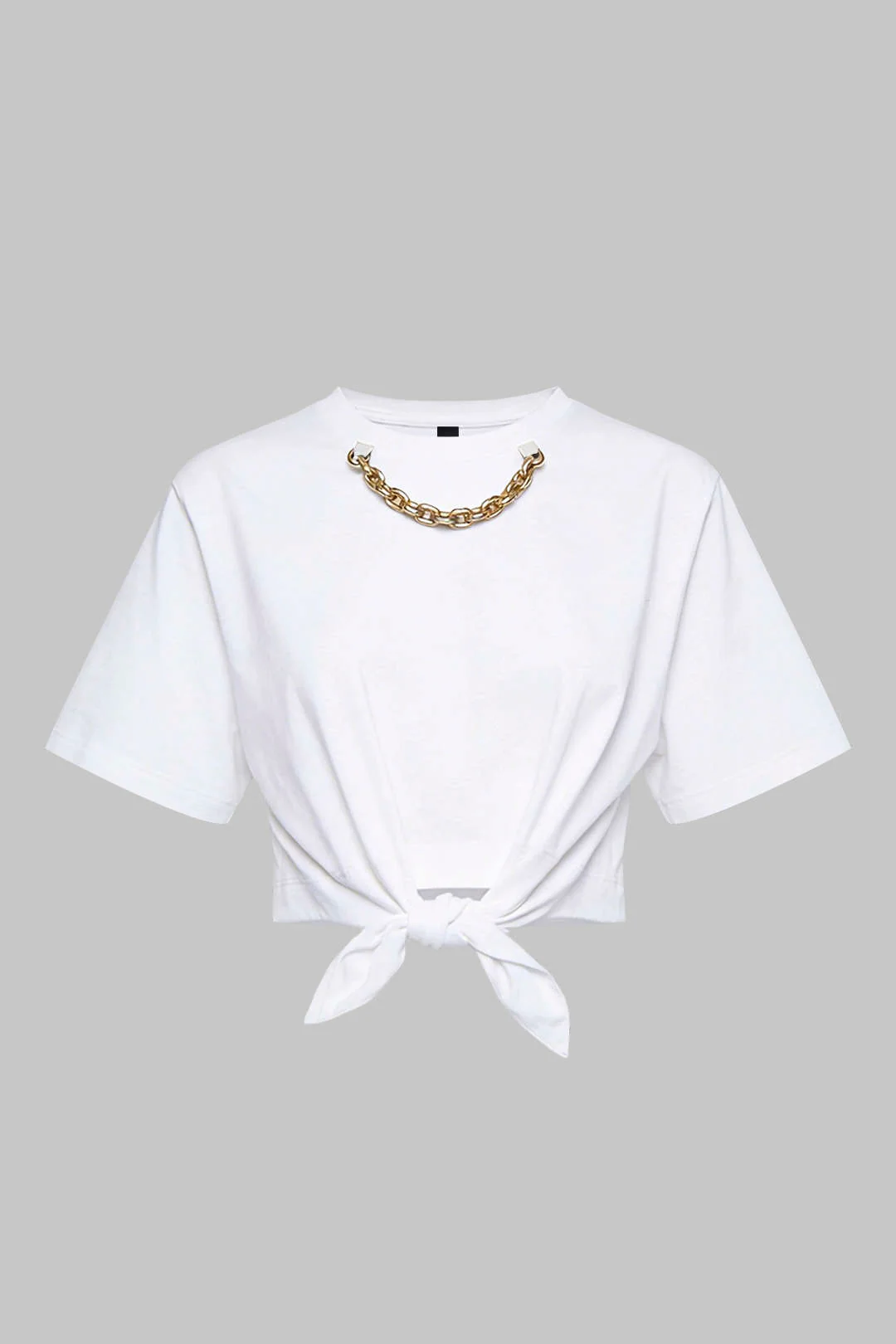 Metallic Chain Round Neck Tie-Up Short Sleeve T-Shirt