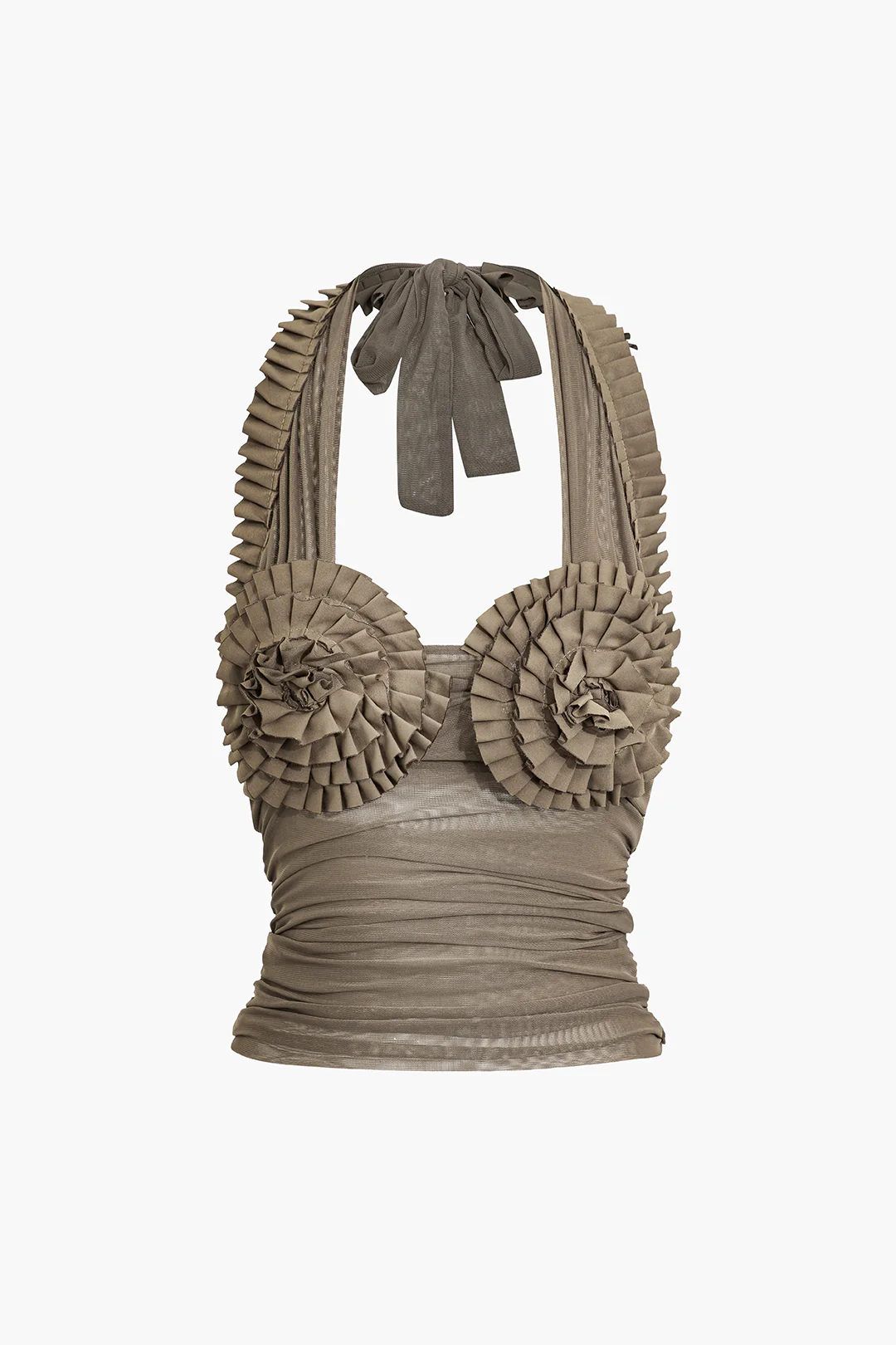 Pleated Mesh Halter Tank Top - Image 2
