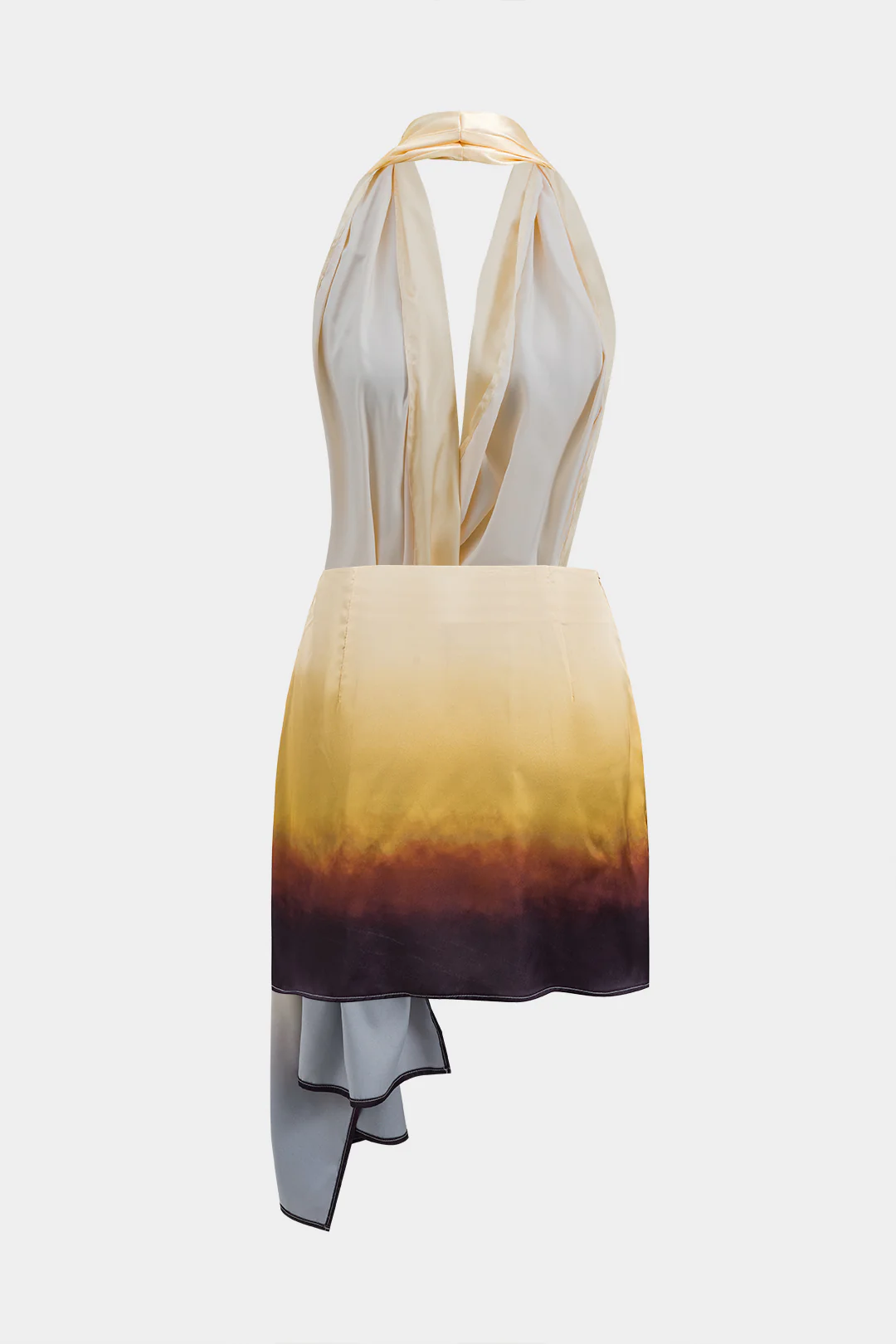 Ombre Print Satin Ruched Asymmetrical Backless Halter Two-Piece Mini Dress - Image 2
