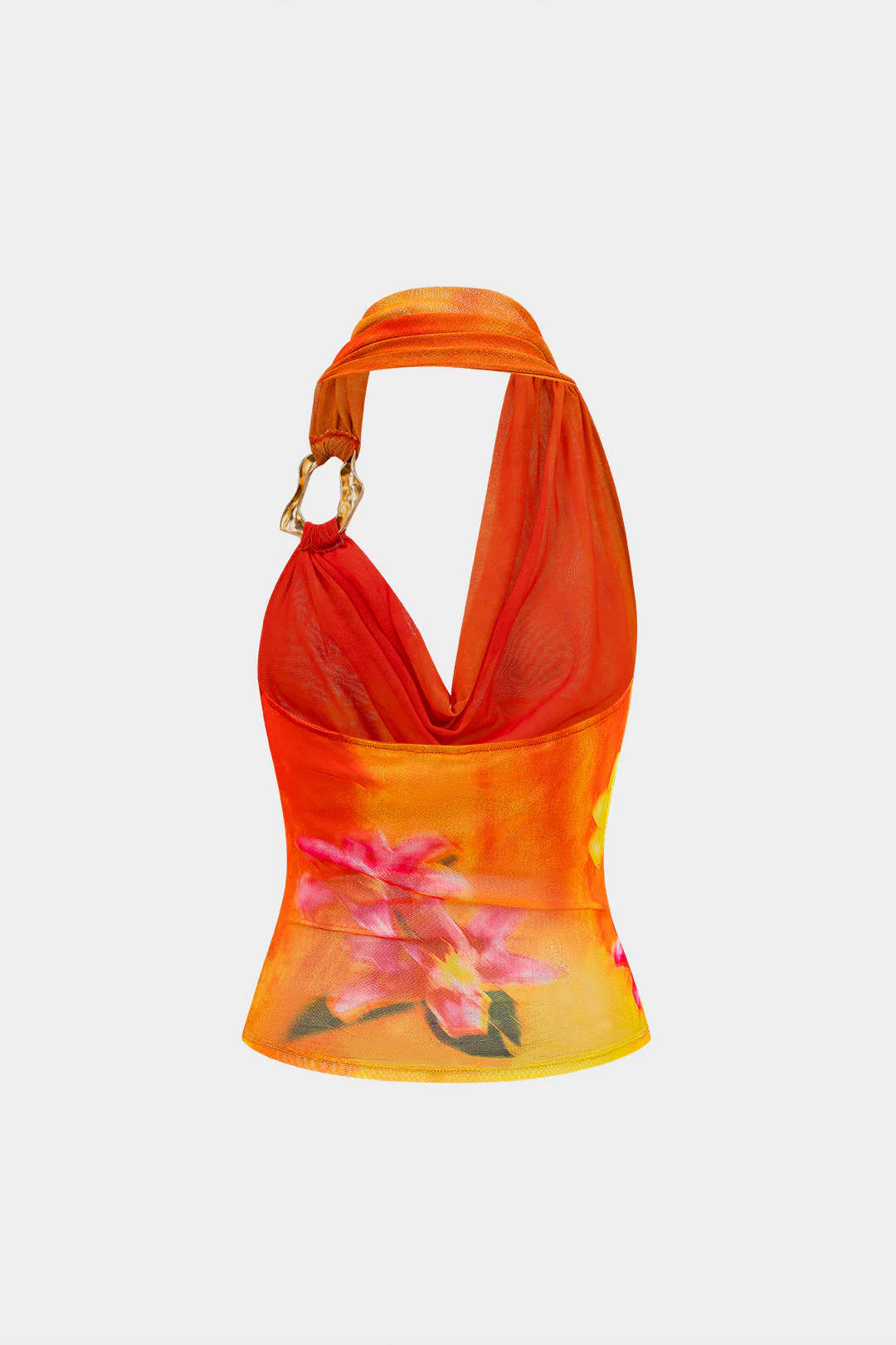 Floral Print Mesh Asymmetrical Ruched Cami Top - Image 2