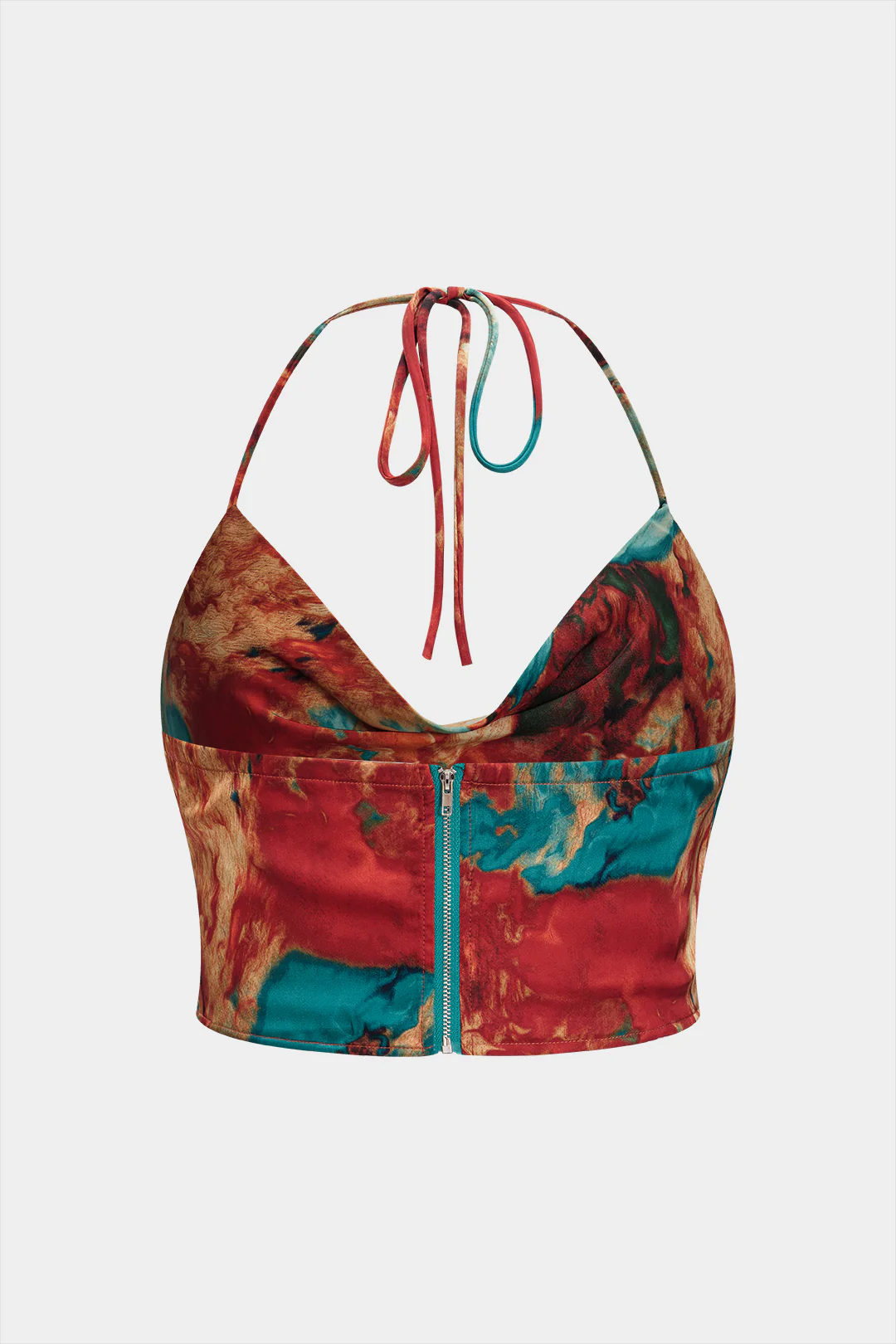 Plus Size Satin Abstract Pattern Zipper Cowl Neck Halter Neck Tie-Up Cami Top - Image 2