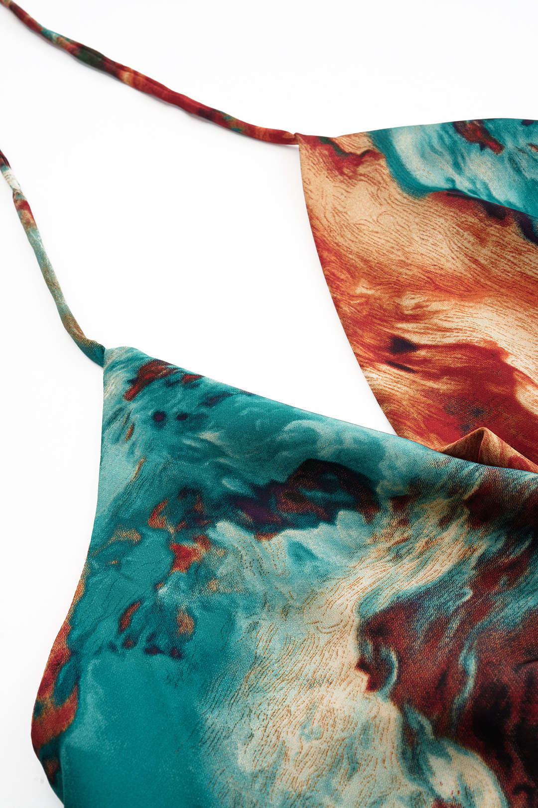 Plus Size Satin Abstract Pattern Zipper Cowl Neck Halter Neck Tie-Up Cami Top - Image 4