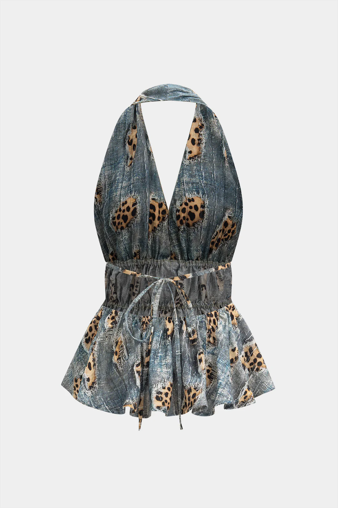Retro Leopard Print Backless Tie-Up Ruched Drawstring Cami Top - Image 2