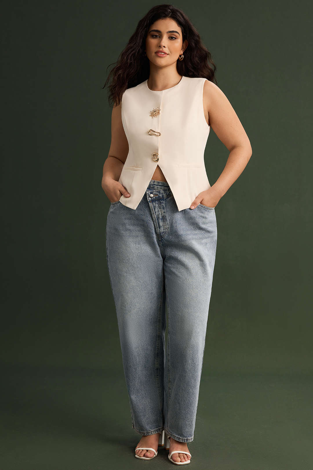 Plus Size Fake Pocket Metallic Button Tank Top - Image 7