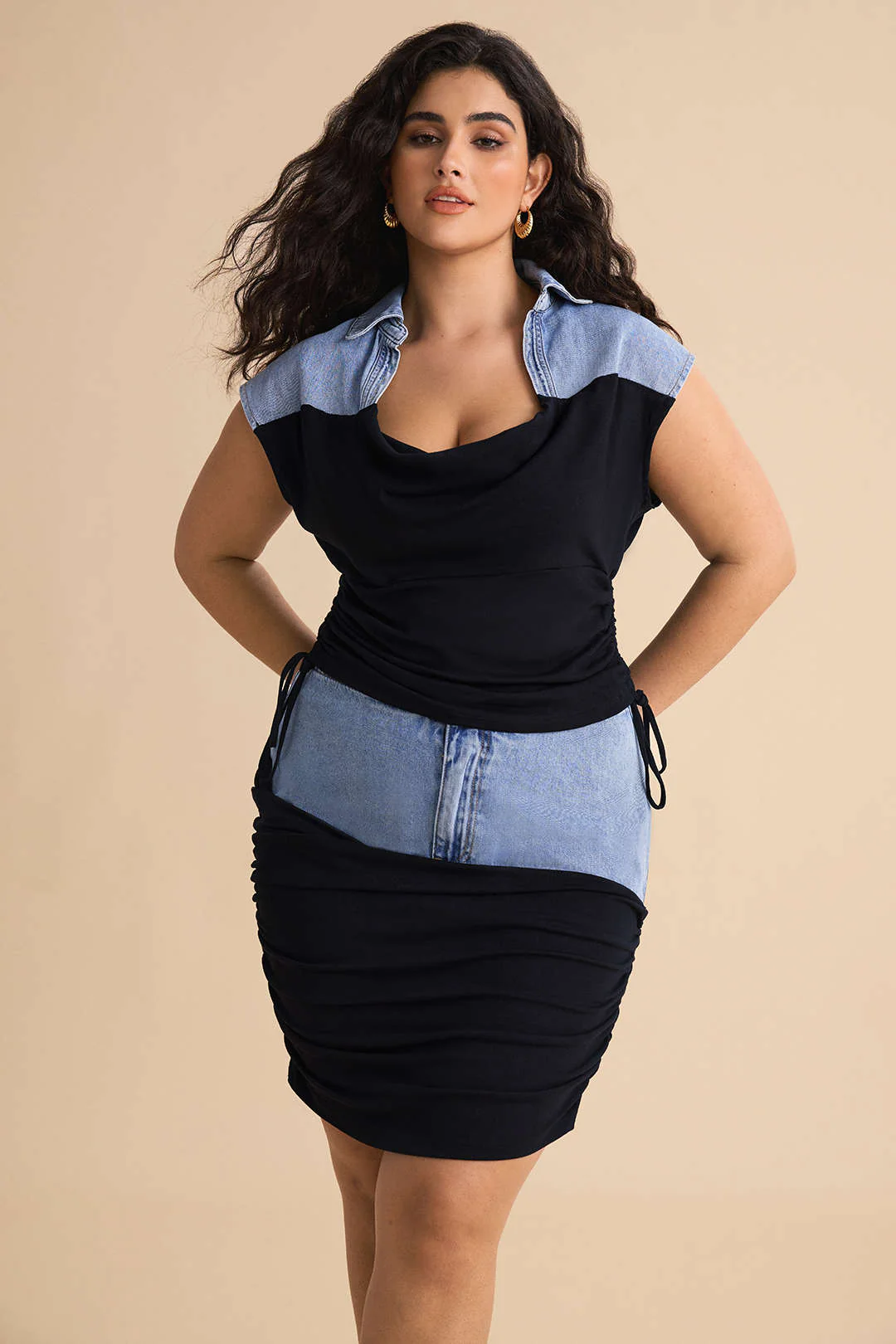 Plus Size Denim Drawstring Patchwork Crop Top - Image 5