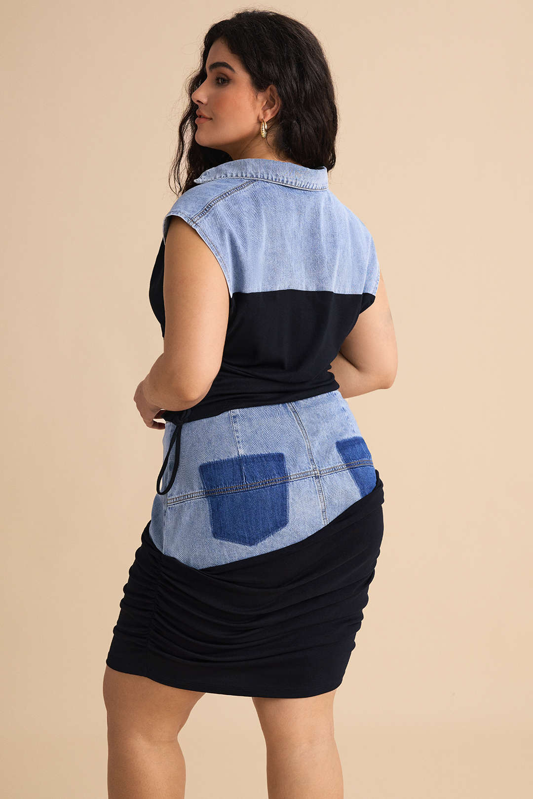 Plus Size Denim Drawstring Patchwork Crop Top - Image 8