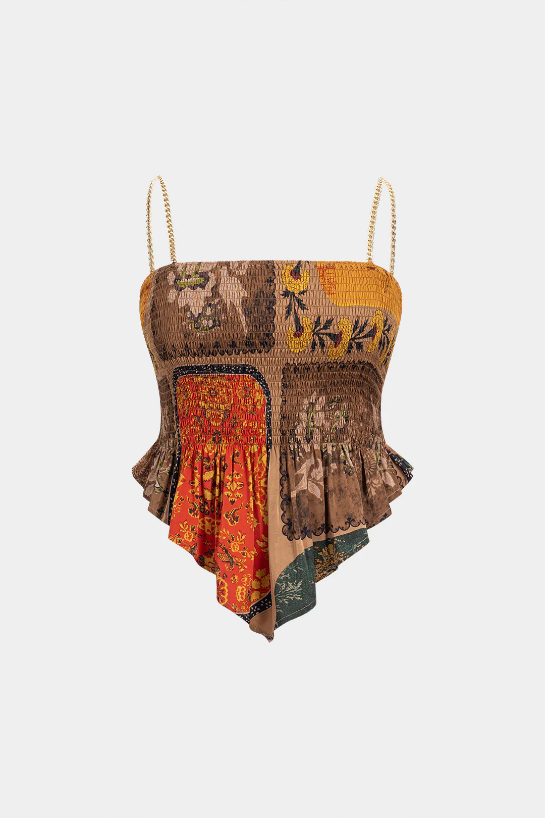 Plus Size Bohemian Print Chain Shirred Cami Top