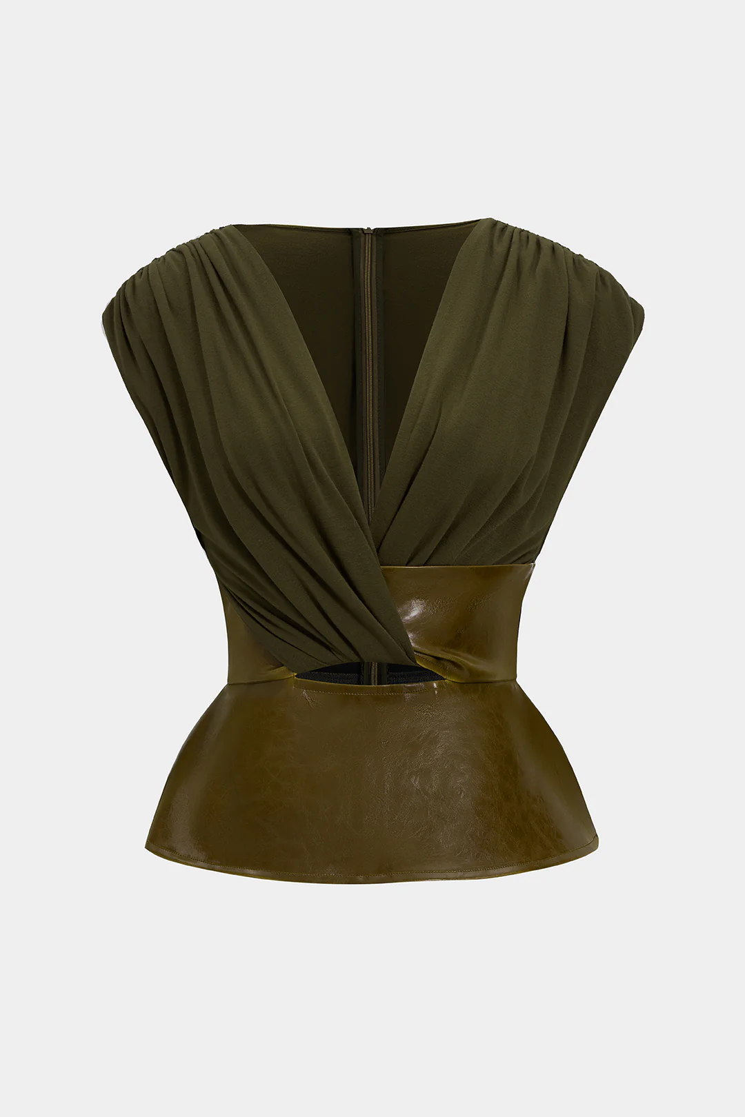 Faux Leather Patchwork Ruched Zipper Short-Sleeve Top - Image 10