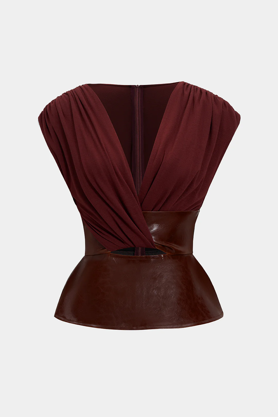 Faux Leather Patchwork Ruched Zipper Short-Sleeve Top - Image 11