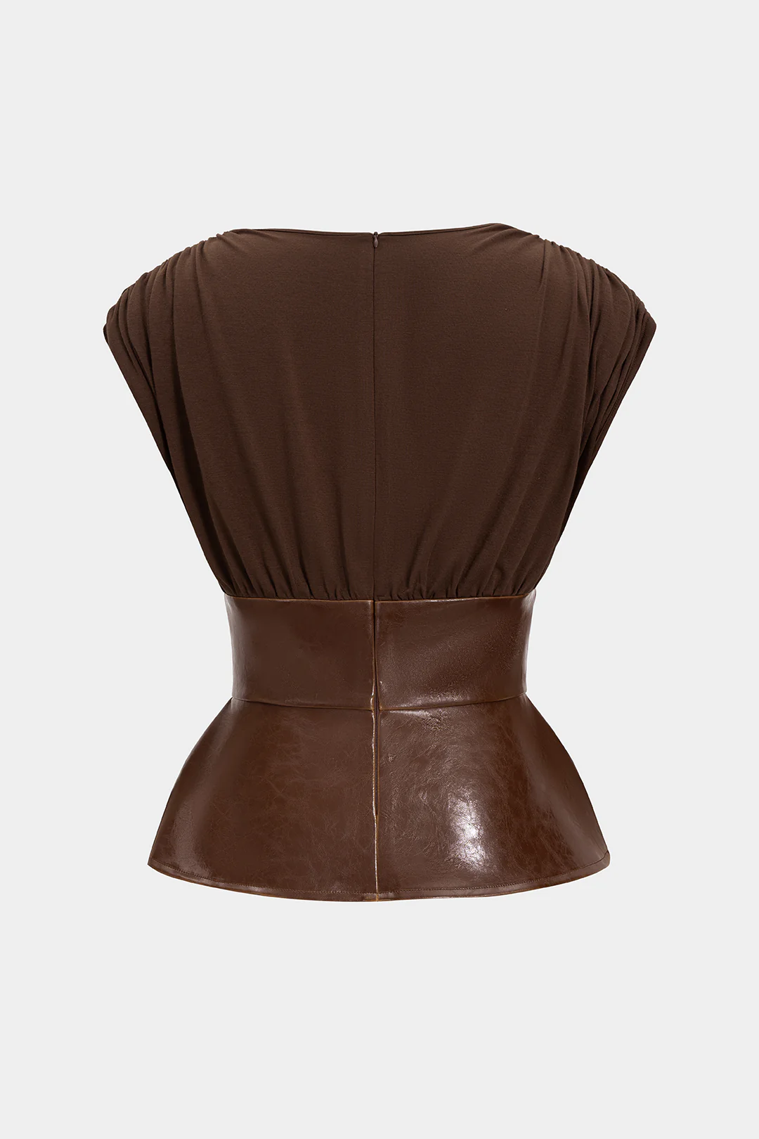 Faux Leather Patchwork Ruched Zipper Short-Sleeve Top - Image 2