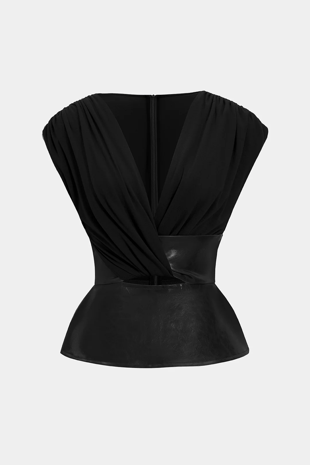 Faux Leather Patchwork Ruched Zipper Short-Sleeve Top - Image 9