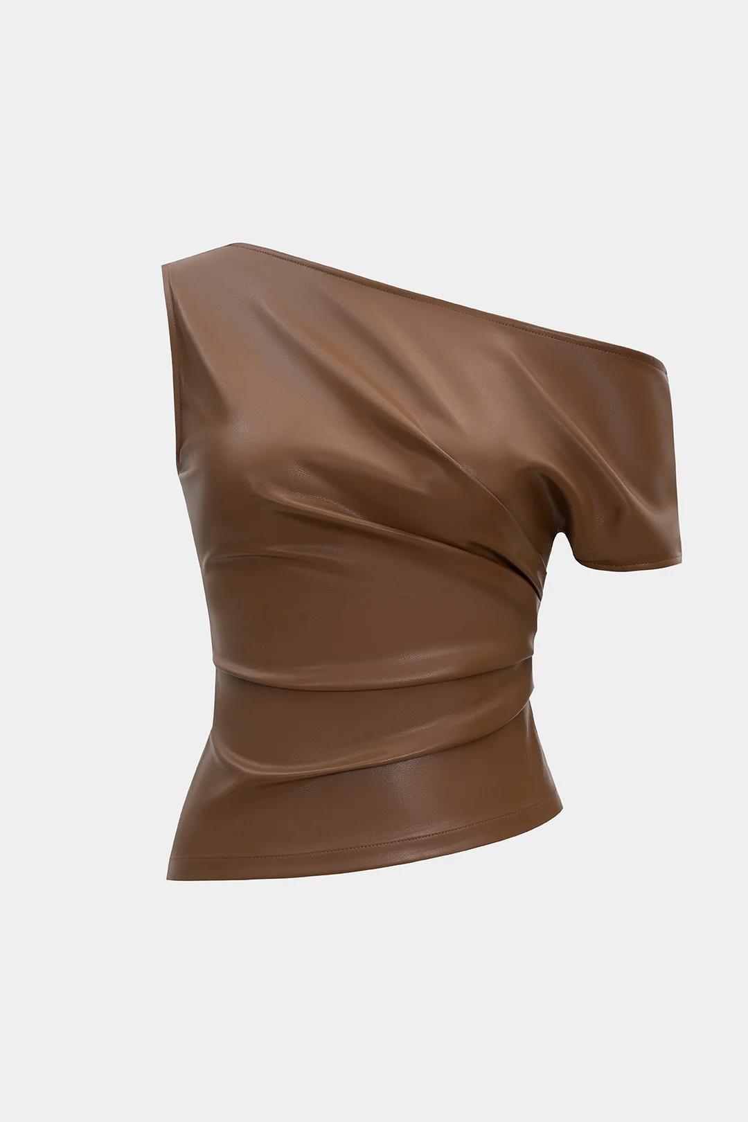 Faux Leather Asymmetrical Shoulder Ruched T-Shirt - Image 5