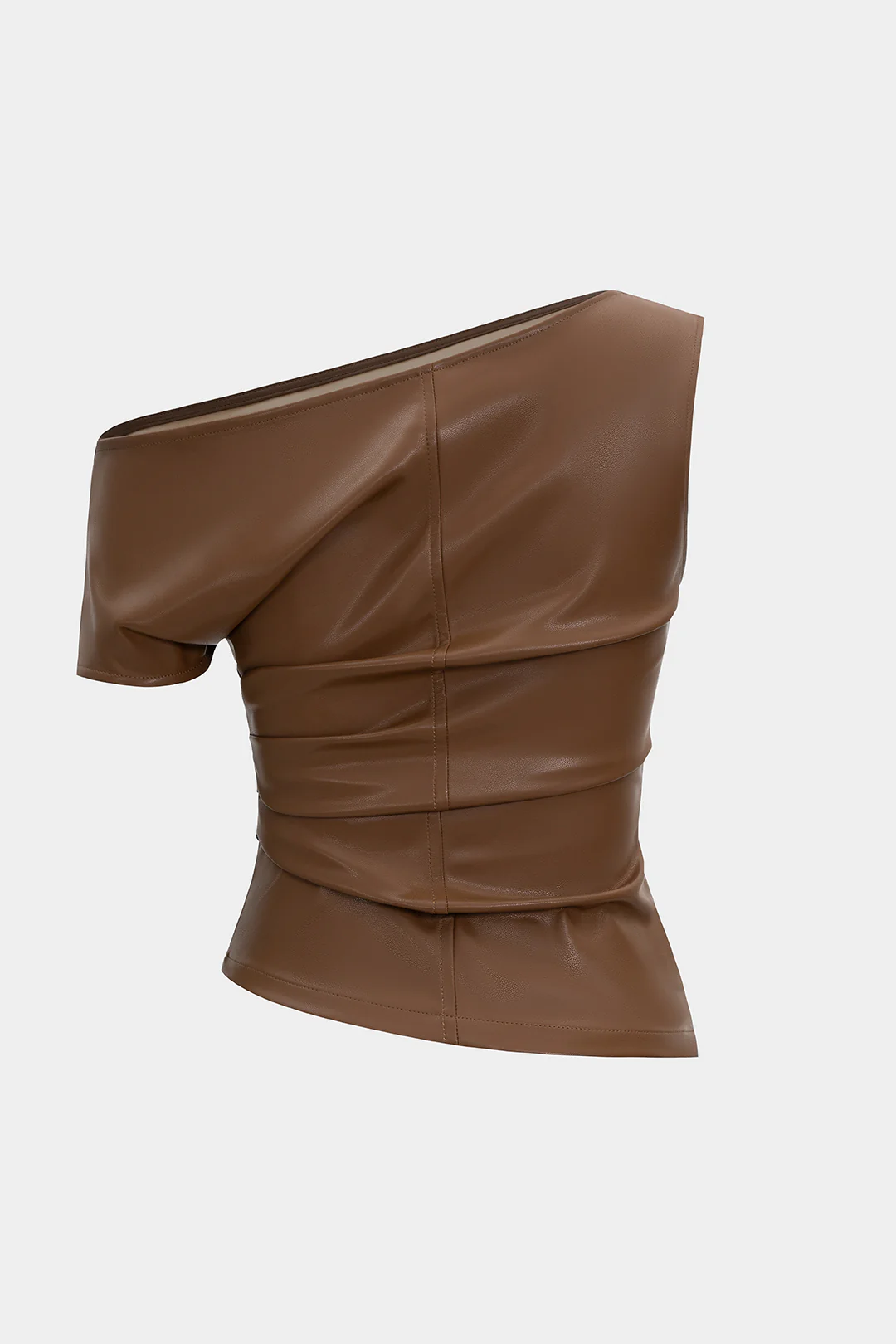 Faux Leather Asymmetrical Shoulder Ruched T-Shirt - Image 6