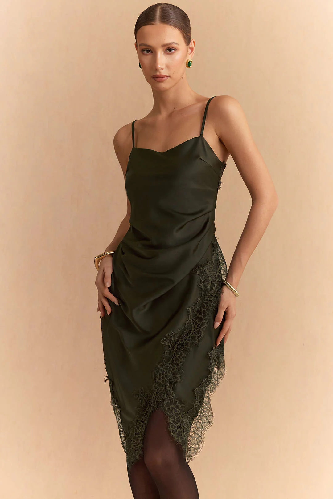 Satin Asymmetrical Lace Trim Ruched Mini Dress - Image 2