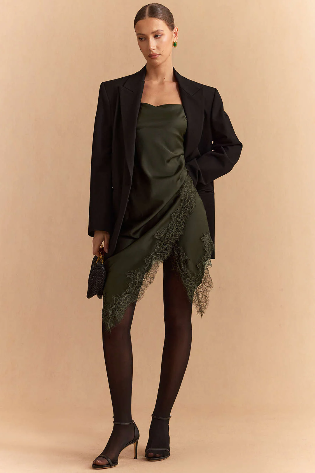 Satin Asymmetrical Lace Trim Ruched Mini Dress - Image 4
