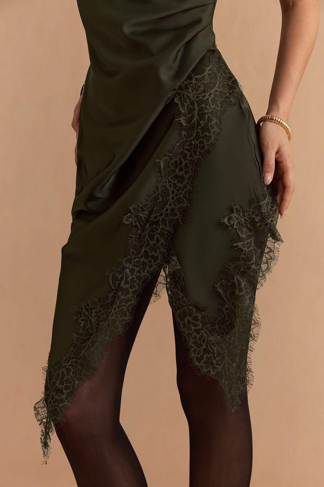 Satin Asymmetrical Lace Trim Ruched Mini Dress - Image 6