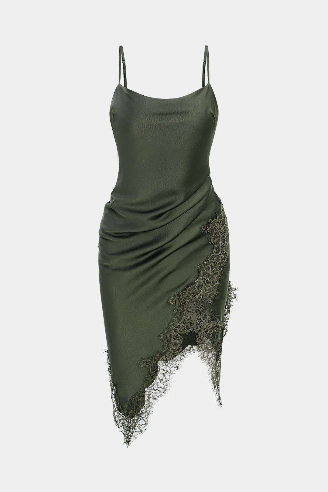 Satin Asymmetrical Lace Trim Ruched Mini Dress - Image 7