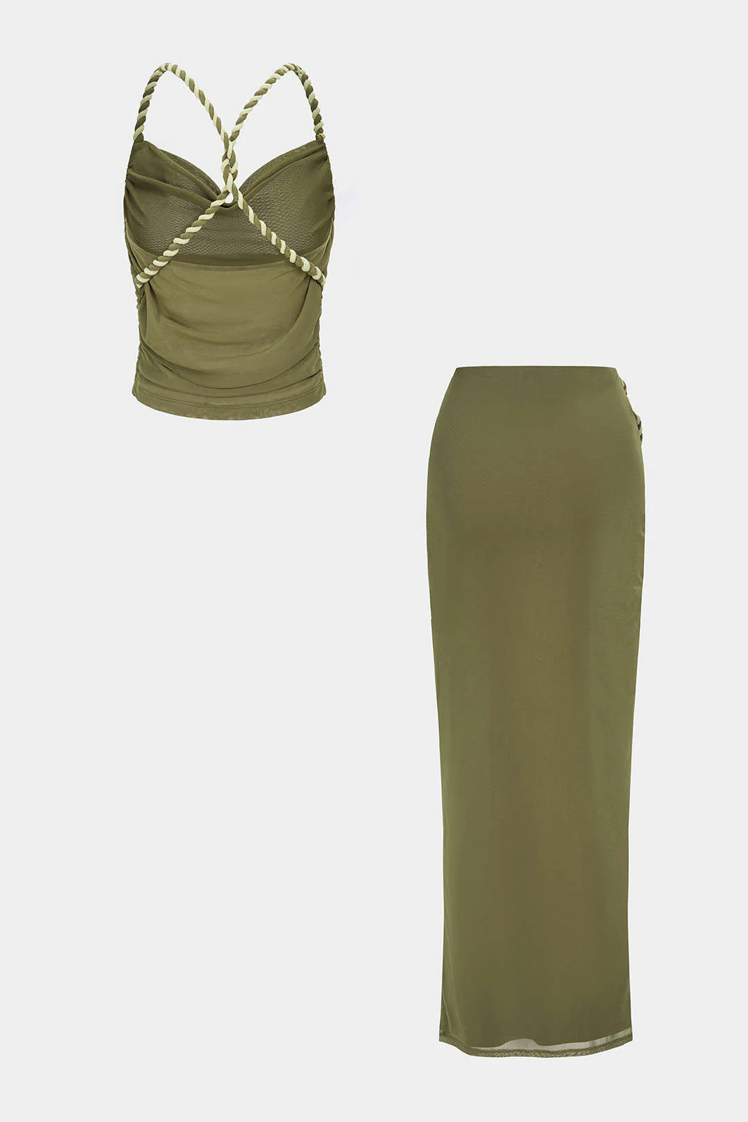 Mesh Crossed Twist Knot Backless Ruched Top And Asymmetrical Skirt Set - Image 5