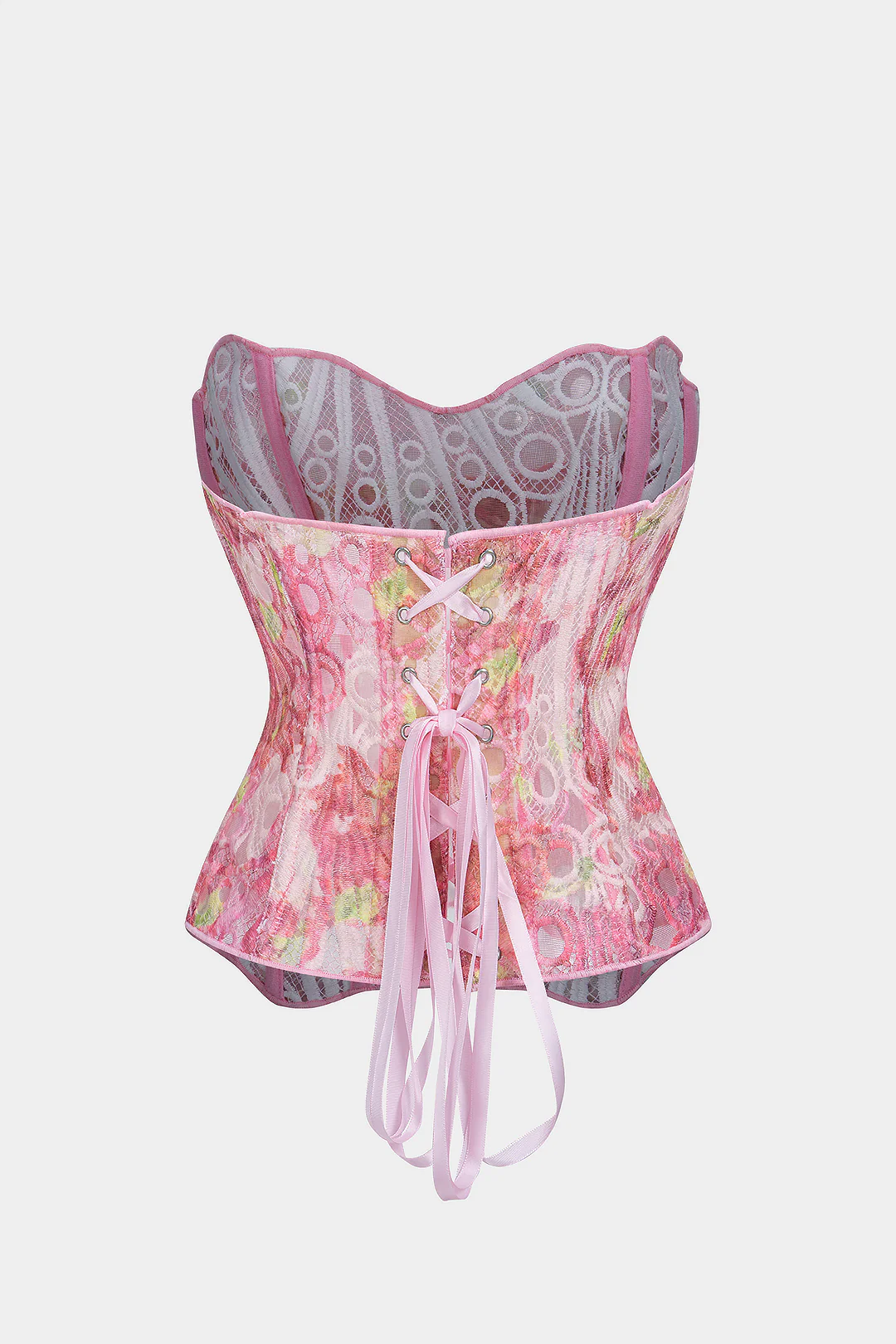 Floral Print Jacquard Patchwork Textured Tie Back Tube Top - Image 2