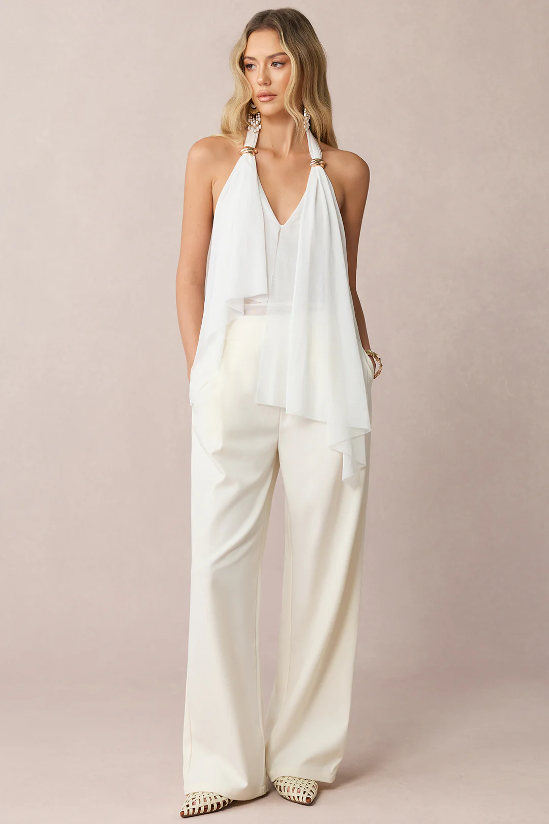 Mesh Halter V-Neck Asymmetrical Backless Ruched Cami Top - Image 3