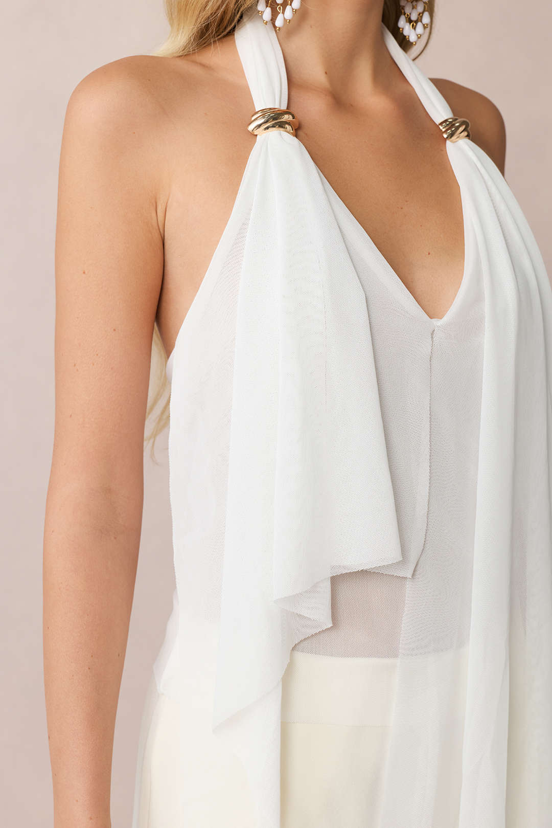 Mesh Halter V-Neck Asymmetrical Backless Ruched Cami Top - Image 4